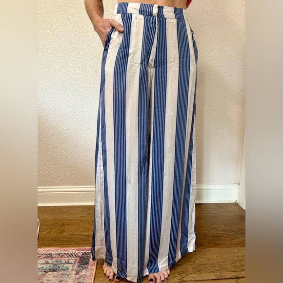 Deluc Pants - Deluc Blue and White Striped Wide Leg Pants